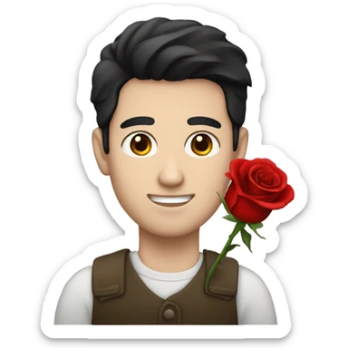 A man with pale skin and black hair holding a red rose sticker