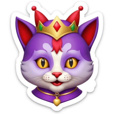 crazy colorful cute little cat jolly joker from poker, medieval, vintage, court jester, mac os icon, purple and red color, gold inserts, half body sticker