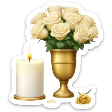 golden candle next to a golden vase with white roses sticker