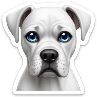 White boxer dog with one blue eye sticker