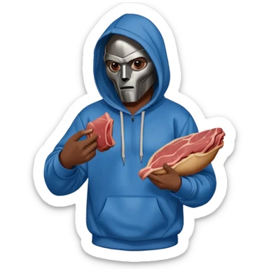 MF DOOM in a blue hoodie holding a piece of meat sticker