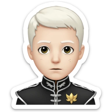 Head and shoulders emoji of a pale man with short white hair, wearing a black marching band jacket with silver trim. black eyeliner. Expression stoic, commanding, and theatrical, heroic emo style sticker