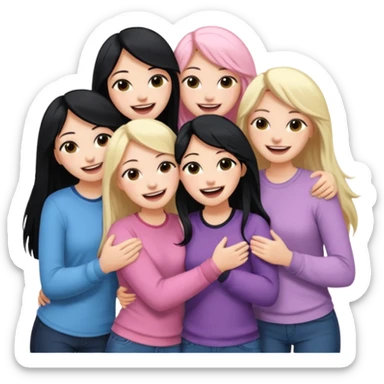 Girlfriend emoji - 5 white girlfriends, two with long dark black hair, one with medium blonde hair, one with long pale pink hair, one with short light blonde hair.  They should be laughing and hugging  sticker