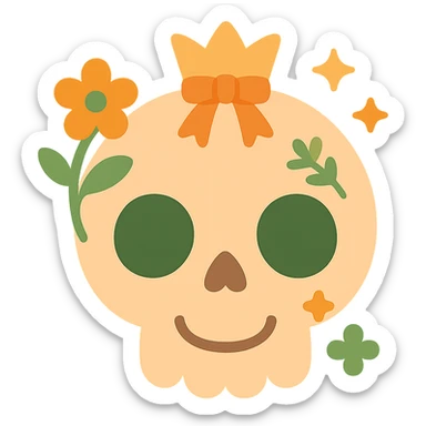 A cute, stylized skull with a friendly and whimsical vibe, designed in a soft and magical color palette: golden orange (FA9B41), forest green (4A7C5C), muted taupe brown (96775A), and pastel peach (FFCC9A). The skull has rounded, non-threatening features with expressive, oversized eye sockets and a gentle smile. It’s adorned with delicate floral patterns or tiny stars in the given colors, and perhaps a small crown or ribbon in peachy hues. The background is soft and glowing, creating a cozy, enchanting atmosphere. The overall mood is cute, calm, and a little bit magical. sticker