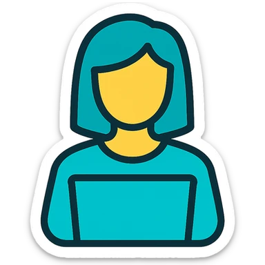 Icon style illustration of a teal woman at a laptop, minimal design, with a slightly larger head, matching the reference image. sticker