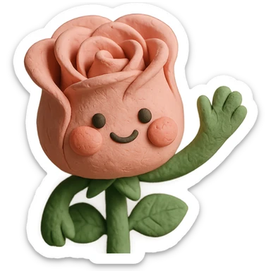 sweet claymation rose character, waving, soft pastel pink petals, super cute puffed cheeks, cartoon style, visible clay texture sticker