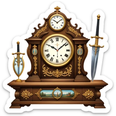 Icon for Antiques Collecting: a vintage clock, intricately carved furniture, famous paintings, antique swords, and rifles. The items are displayed on a wooden table or shelf. The icon should evoke the rich history and craftsmanship of antique collecting. Transparent background. sticker