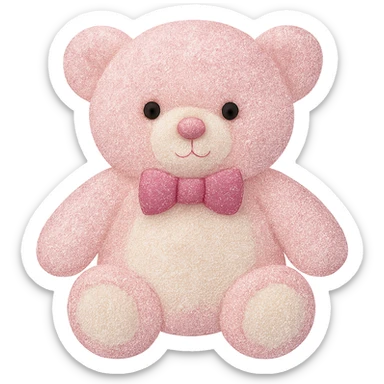Add a touch of glitter to the teddy bear and its bow tie, keeping the pink and white fur, flat lighting, no shadows or background, soft plush look, maintain transparency. The style should reflect a soft plush teddy bear with pink and white fur and a glittery bow tie, with flat lighting and no shadows or background. sticker