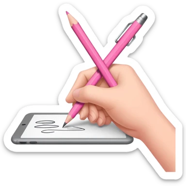 The hand writes with a pink pencil sticker