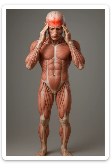 Full figure, hyperrealistic 4K medical illustration, exactly matching the style, pose, and composition of the reference: anatomical human body holding fingers on temples, contracted forehead, red spot on the forehead, expression of pain, clear background, extremely detailed, same lighting and style as reference. sticker
