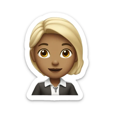 A white girl with one raised hand at a desk at school  sticker