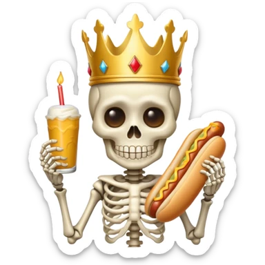 A cute skeleton wearing crown and holding hot dog sticker