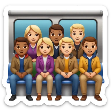 group of five cheerful people, men and women, standing and sitting close together in a subway car like Apple emoji subway, Apple emoji style sticker
