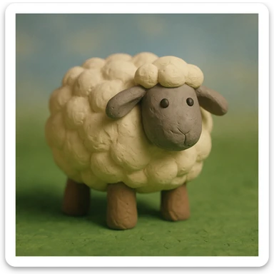 fluffy sheep standing on green grass, visible fingerprints, matte plasticine look, claymation style sticker