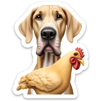 Hyper realistic tan Great Dane smiling with a stuffed chicken toy sticker