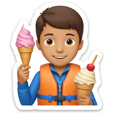 boy kid wearing lifejacket, holding ice cream sticker