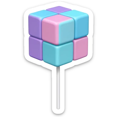 Pastel cube lollipop with stacked blocks in pink, purple, blue, and cyan. Textured, voxel-style, on a white stick. sticker