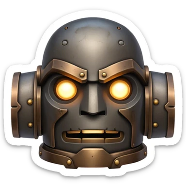 Cinematic Noble Mighty Iron Golem Portrait Emoji Poised and imposing, with a towering, metallic form forged from intricately detailed plates of burnished steel and ancient bronze, etched with faint traces of runes and weathered marks of time. Its piercing, glowing eyes radiate unwavering resolve, casting a solemn and commanding presence; rendered with lifelike texture and natural metallic highlights, high shine, elegant yet indomitable, styled with an aura of legendary endurance, focused and resolute, soft glowing outline, capturing the essence of an eternal guardian, standing vigilant and immovable as if ready to awaken at any moment with unstoppable might! sticker