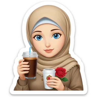Turkish beautiful finish Konya girl blue eyes with beige denim hijab islamic dress and had on her hand Rose Cold brew coffee   sticker