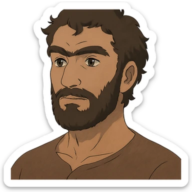 A Tajik man with medium to tall height, well-defined features, slightly curved nose, dark-brown eyes, thick eyebrows meeting above the nose, slightly wavy hair, rich brown skin, and a fuller beard sticker