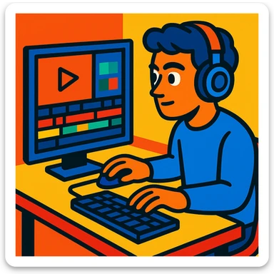 a man sitting at a table, headphones on, focused on video editing, vibrant toon style sticker