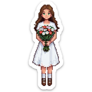 girl with brown hair wearing a white skirt holding a bouquet of flowers sticker