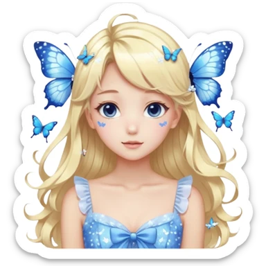 gorgeous shiny blushing pastel core glittery sparkly anime lady with butterflies and beautiful hair fairycore high quality detailed vogue trending aesthetic, blonde hair, blue and white dress sticker