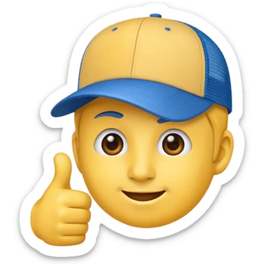 hat emoji giving thumbs up with blue trucker style cap with white front sticker