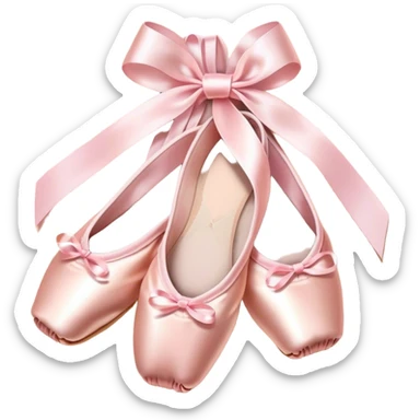 Cinematic Realistic Ballet Shoes, soft satin pink pointe shoes with delicate ribbons, resting gently on a polished wooden floor, subtle creases in the fabric, glowing under the warm golden light of a rehearsal studio, evoking elegance and grace. sticker