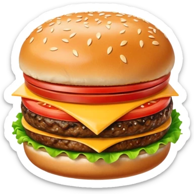 A classic single patty hamburger emoji, 3D Apple style, glossy and colorful. Soft rounded bun with sesame seeds, one beef patty, fresh lettuce, tomato slice, melted cheese, realistic but cartoonish look, clean white background sticker