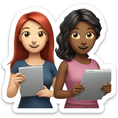 Girl with black hair, brunette girl, and bright red hair girl conducting surveys on clipboards and ipads sticker