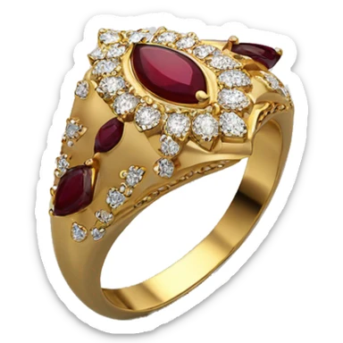 Marquis ring with gold band with mini diamonds and 2 dark rubies on either side sticker