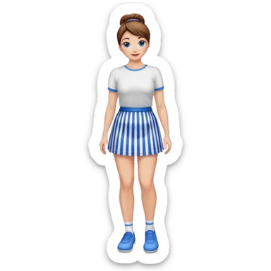 Pretty 50-year-old woman with 1 miniskirt that is blue and white striped brown hair in bun blue eyes and pretty legs sticker