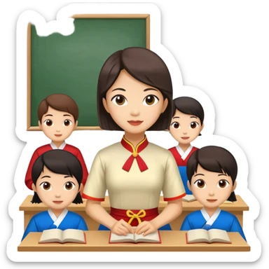 Draw me a female teacher wearing Vietnamese traditional dress teaching elementary school students. sticker
