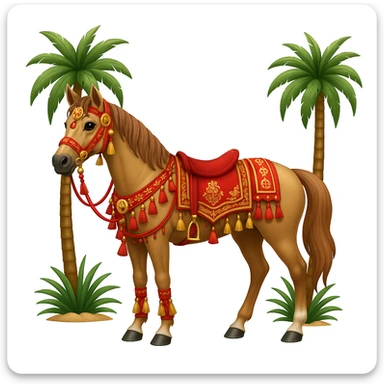 Add traditional Arabian tack and ornate decorations to the Saudi Arabian horse in emoji style, keeping the standing pose with palm trees in the background as is. sticker