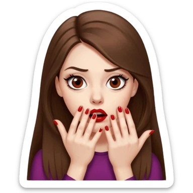 A girl with long brown hair, eyeliner, long lashes, light brown eyes, pale skin and red lipstick biting her nails looking scared and very nervous. sticker