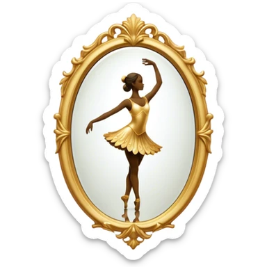 Cinematic Realistic Mirror, a large, ornate mirror reflecting a dancer’s poised silhouette, soft golden light creating depth, slight smudges on the glass adding realism, glowing with a timeless and artistic presence. sticker