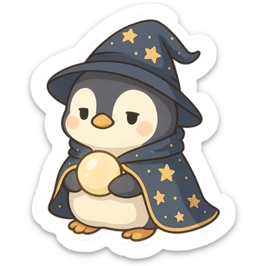 a chubby penguin in wizard attire, with a starry cloak and a glowing orb, looking wise and mystical sticker