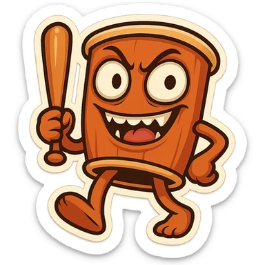 chibi emoji of Tun Tun Suhoor, wooden stick body with smooth brown texture, drum-like cylindrical body, holding baseball bat, cartoon style, bright vivid colors, expressive face, dynamic pose, a bit creepy yet funny,  sticker
