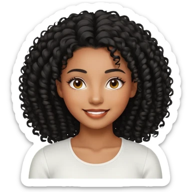 a young woman.She has voluminous, curly black hair that frames her face beautifully. Her skin tone is black light and glowing, and she has a subtle, natural makeup look. She’s smiling softly at the camera. She is wearing a white top sticker