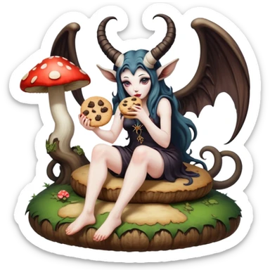 Feminine Baphomet sitting on a mushroom eating a cookie sticker