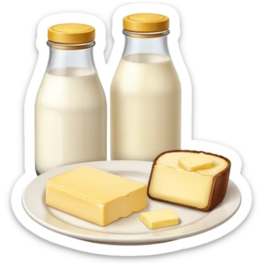 A one bottle of milk with a brown cap on the right and a piece of butter on a plate on the left sticker