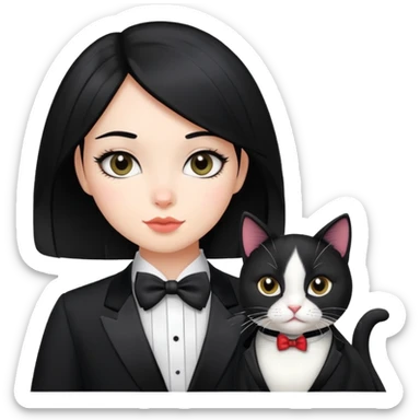 Black hair girl with tuxedo cat  sticker