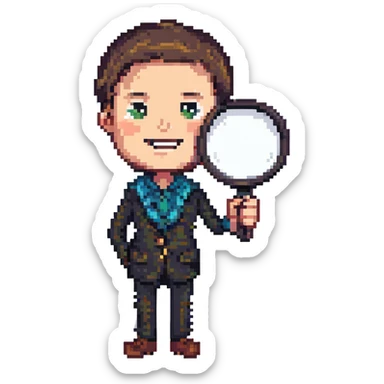man with large magnifying glass, arched eyebrows, wide smile, pixel art style sticker