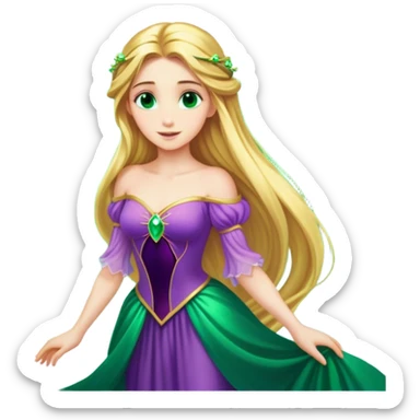 Cinematic Stunning Rapunzel Portrait Emoji, Golden hair cascading in a luminous waterfall, big emerald-green eyes full of wonder, wearing her iconic purple gown, radiating beauty and magic, glowing with fairy-tale charm! sticker