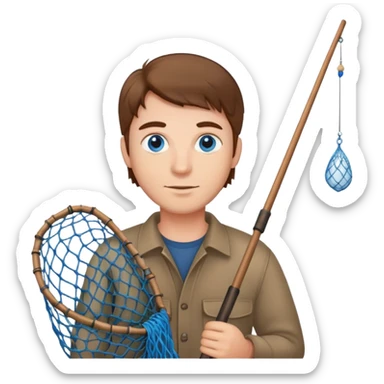 Brown haired man with blue eyes holding a fishing net sticker