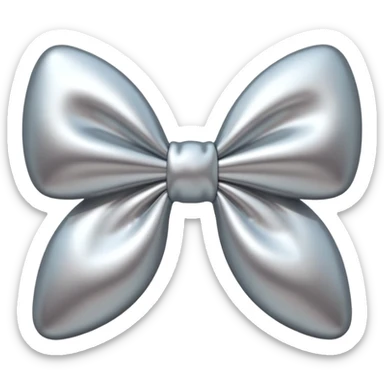 A cute bow emoji made of polished silver chrome, smooth rounded loops, glossy metallic surface, soft mirror reflections, subtle highlights, minimal and adorable proportions, iOS emoji style, centered composition, clean white background, soft studio lighting, no text, no outline, ultra high quality sticker