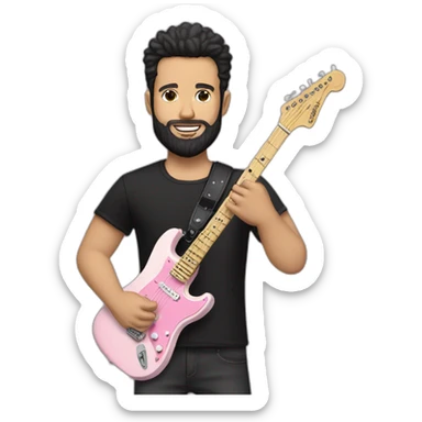 white man with dark beard and black t shirt and pastel pink stratocaster electric guitar sticker