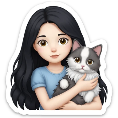 A girl with long black hair holding a ragdoll cat sticker