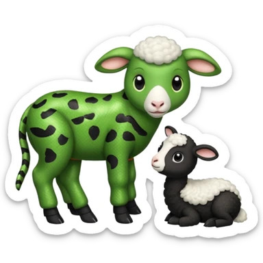 Baby snake wearing black pajamas with white piping talking to a baby sheep wearing black pajamas with white piping sticker